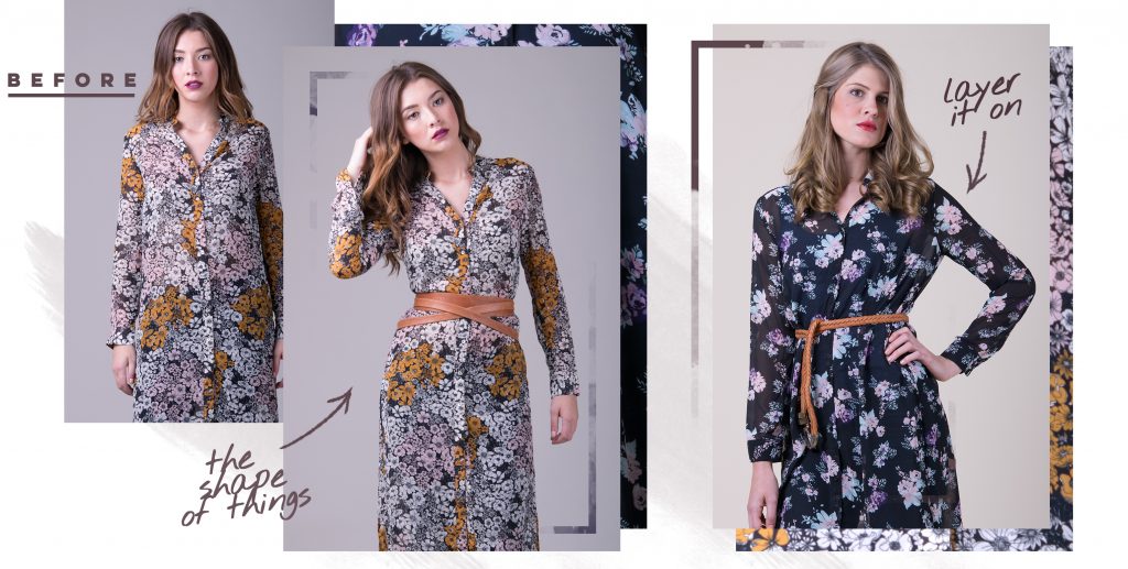 The Before and After look for adding a belt to a printed dress