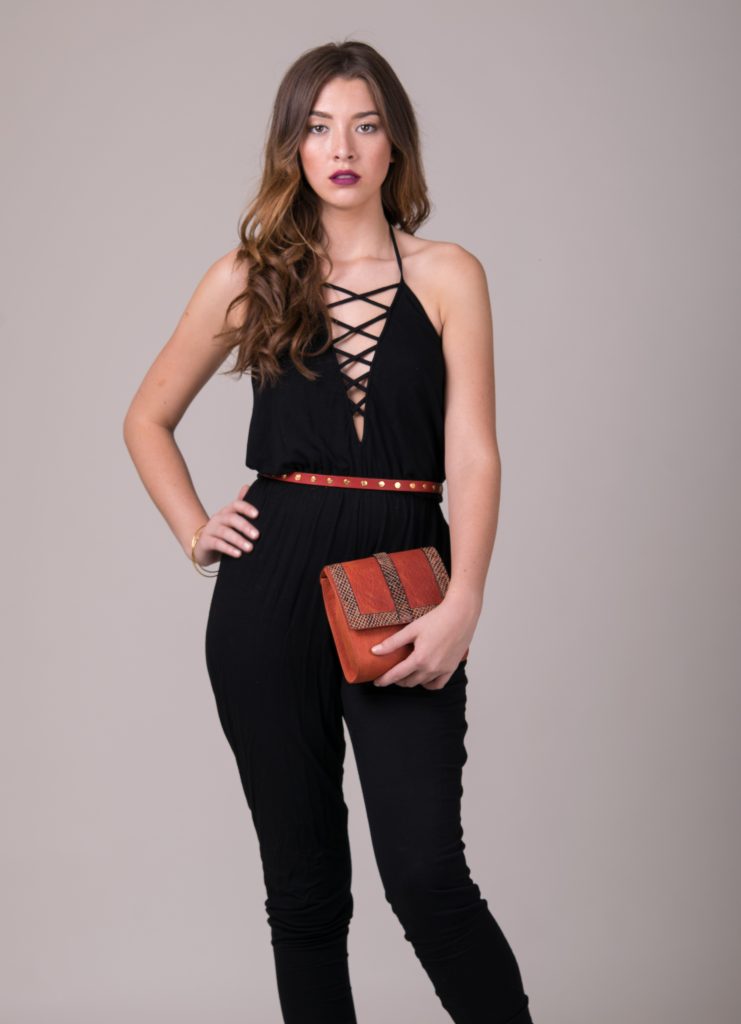 Black jumpsuit | Red Cala Belt | Genuine leather | Red leather handbag